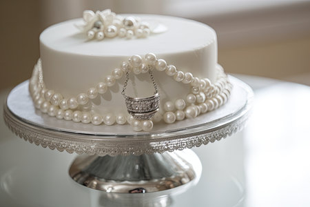 ring cake with pearl and diamond accents, on elegant silver platter, created with generative aiの素材