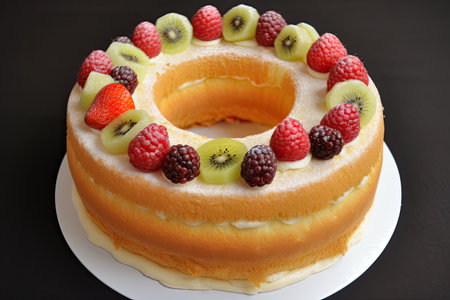 ring cake made with vanilla sponge, cream and fruit filling, created with generative aiの素材