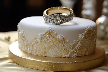ring-shaped cake, covered in elegant sugar lace and adorned with glistening jewels, created with generative aiの素材