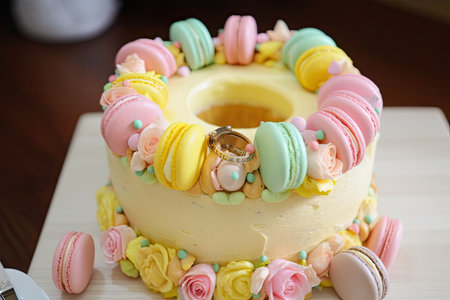 delicate pastel ring cake topped with rose and yellow macarons, created with generative aiの素材