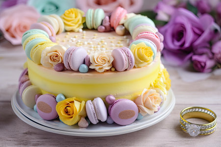 delicate pastel ring cake topped with rose and yellow macarons, created with generative aiの素材