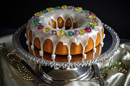 decorated ring cake sitting on silver platter, ready to be served, created with generative aiの素材