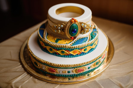 a ring cake with intricate gold details and colorful accents, created with generative aiの素材