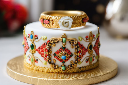 a ring cake with intricate gold details and colorful accents, created with generative aiの素材
