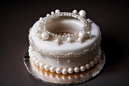 ring cake with pearl-like beads and delicate decorations on top, created with generative aiの素材