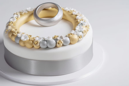 ring cake with silver and gold details on white or pastel background, created with generative aiの素材