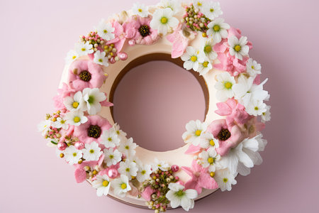 ring-shaped cake, surrounded by delicate pink and white flowers, created with generative aiの素材