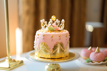 gold-and-silver ring cake for princess birthday party, created with generative aiの素材