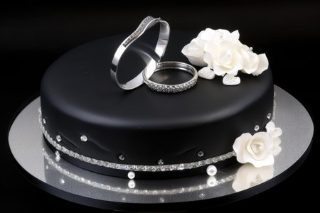 ring cake on black plate with white or silver accents, created with generative aiの素材
