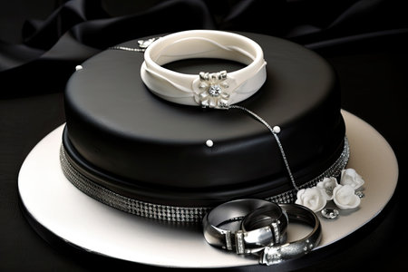 ring cake on black plate with white or silver accents, created with generative aiの素材
