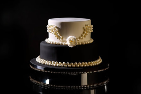 ring cake with pearl and crystal accents on sleek black background, created with generative aiの素材