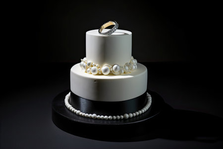 ring cake with pearl and crystal accents on sleek black background, created with generative aiの素材
