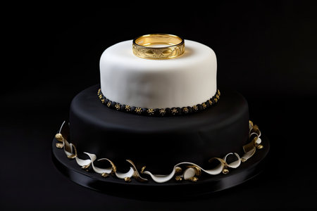 ring cake on black background, with gold and white accents, created with generative aiの素材