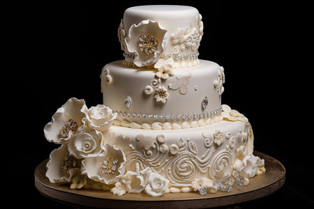 ring cake with an intricate floral design and a cascade of pearl or crystal accents, created with generative aiの素材