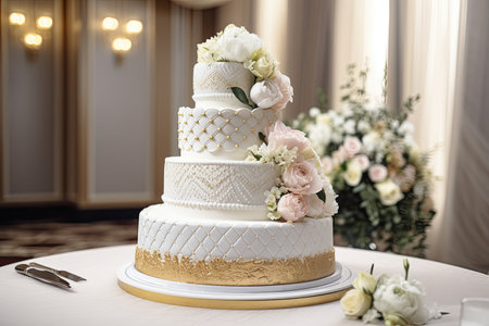 wedding cake with gold and silver rings, surrounded by white frosting, created with generative aiの素材