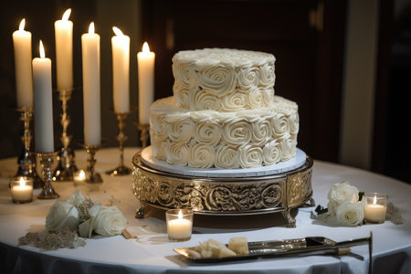 wedding cake with gold and silver rings, surrounded by white frosting, created with generative aiの素材