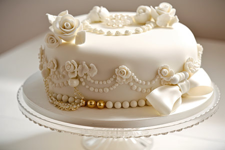 ring cake with delicate sugar roses, pearls and ribbon for a romantic and classic look, created with generative aiの素材