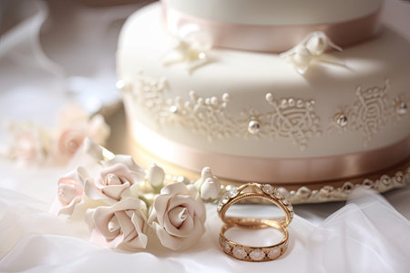 ring cake with delicate sugar roses, pearls and ribbon for a romantic and classic look, created with generative aiの素材