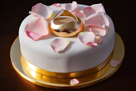 ring cake with delicate white icing and pink & gold rose petals, created with generative aiの素材