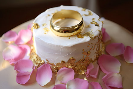 ring cake with delicate white icing and pink & gold rose petals, created with generative aiの素材