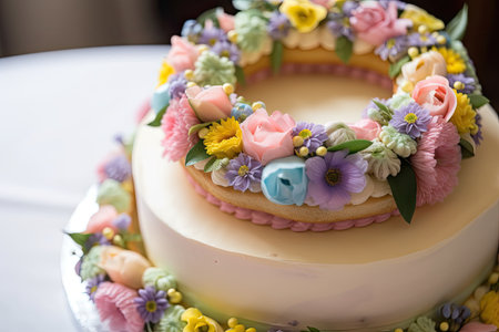 ring cake with delicate pastel accents and fresh flowers, created with generative aiの素材