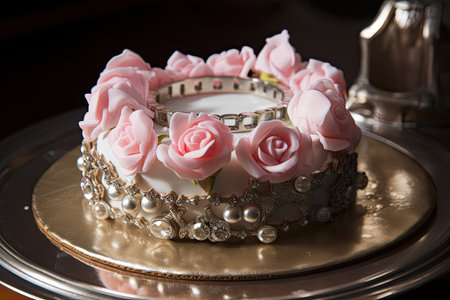 ring cake with pearl and diamond tiara, surrounded by rose petals, created with generative aiの素材
