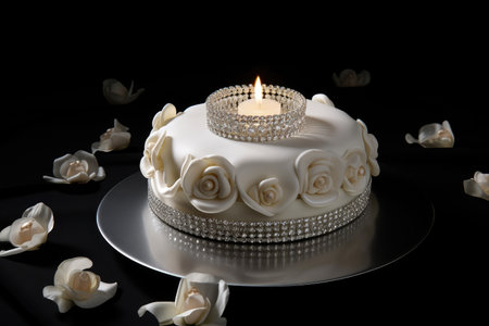 ring cake with pearl and diamond tiara, surrounded by rose petals, created with generative aiの素材