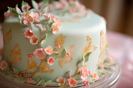 cake with delicate floral and ribbon decoration for spring or summer wedding, created with generative aiの素材