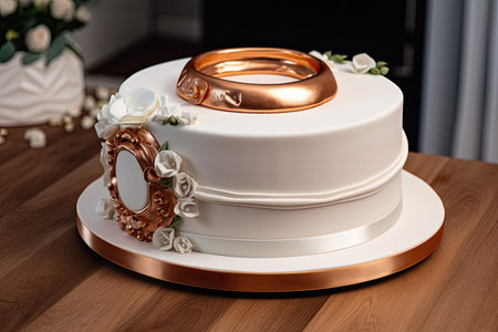 elegant ring cake with white icing and rose gold accents, created with generative aiの素材