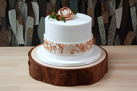 elegant ring cake with white icing and rose gold accents, created with generative aiの素材