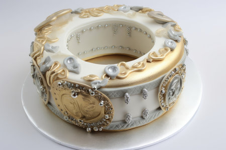 gold and silver ring cake, with piped details and sugar jewels, created with generative aiの素材