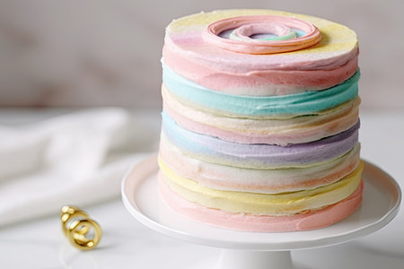 ring cake made using a stack of colorful and playful marble or pastel cake layers, created with generative aiの素材