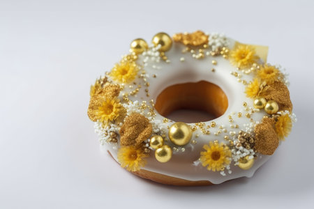 decorated ring cake with sprinkle of gold and silver dragees, created with generative aiの素材