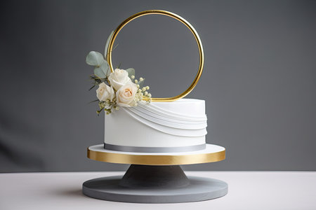 ring cake with modern, minimalist decor in silver and gold, created with generative aiの素材