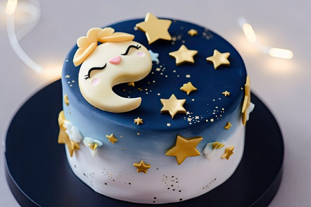 twinkling starry sky and sweetly smiling moon on ring cake, created with generative aiの素材