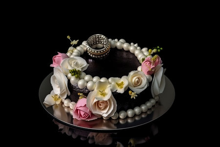 a ring cake with fresh rose and pearl decorations on a black background, created with generative aiの素材