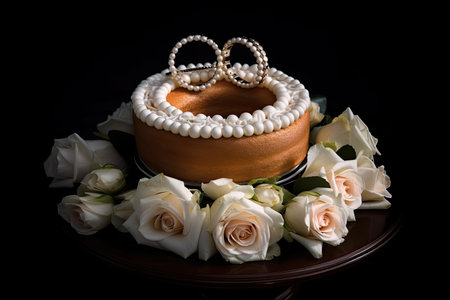 a ring cake with fresh rose and pearl decorations on a black background, created with generative aiの素材