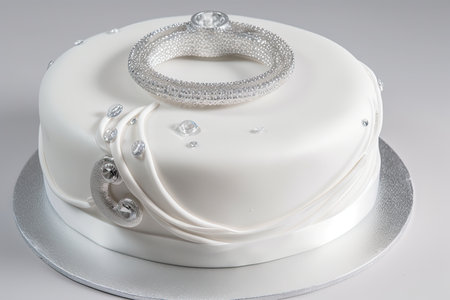 ring cake, surrounded by swirls of white icing and topped with shimmering diamonds, created with generative aiの素材