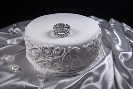 ring cake, surrounded by swirls of white icing and topped with shimmering diamonds, created with generative aiの素材