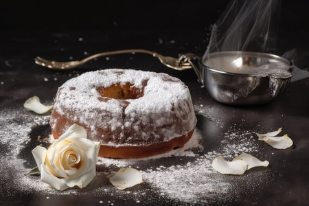 ring cake with a delicate sugar or chocolate shard, sprinkled with powdered sugar and a rose, created with generative aiの素材