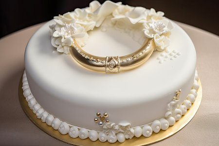ring-shaped cake with delicate flourishes and ring on top, created with generative aiの素材