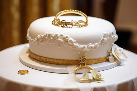 ring-shaped cake with delicate flourishes and ring on top, created with generative aiの素材