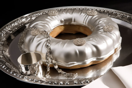 presentation of ring cake on silver serving platter, created with generative aiの素材