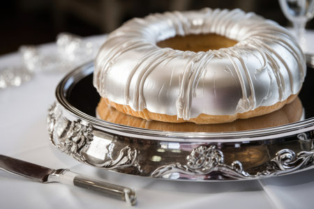 presentation of ring cake on silver serving platter, created with generative aiの素材