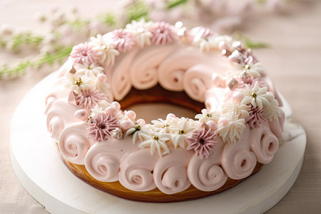 ring-shaped cake with swirls of frosting and delicate decorations, created with generative aiの素材