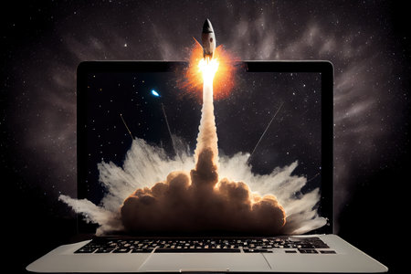 rocket blasting out of laptop screen, with stars in the sky and the moon overhead, created with generative aiの素材