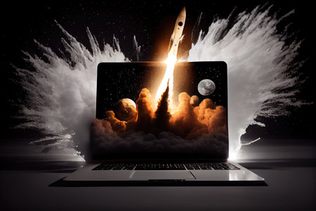 rocket blasting out of laptop screen, with stars in the sky and the moon overhead, created with generative aiの素材