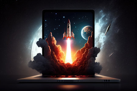 rocket, with view of the stars and planets, coming out of laptop screen, created with generative aiの素材