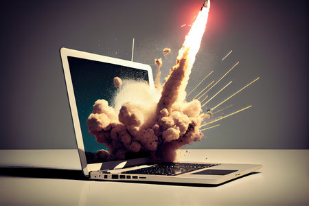 rocket blasting away from laptop, with the device in view, created with generative aiの素材