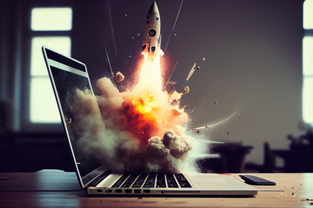 rocket blasting away from laptop, with the device in view, created with generative aiの素材